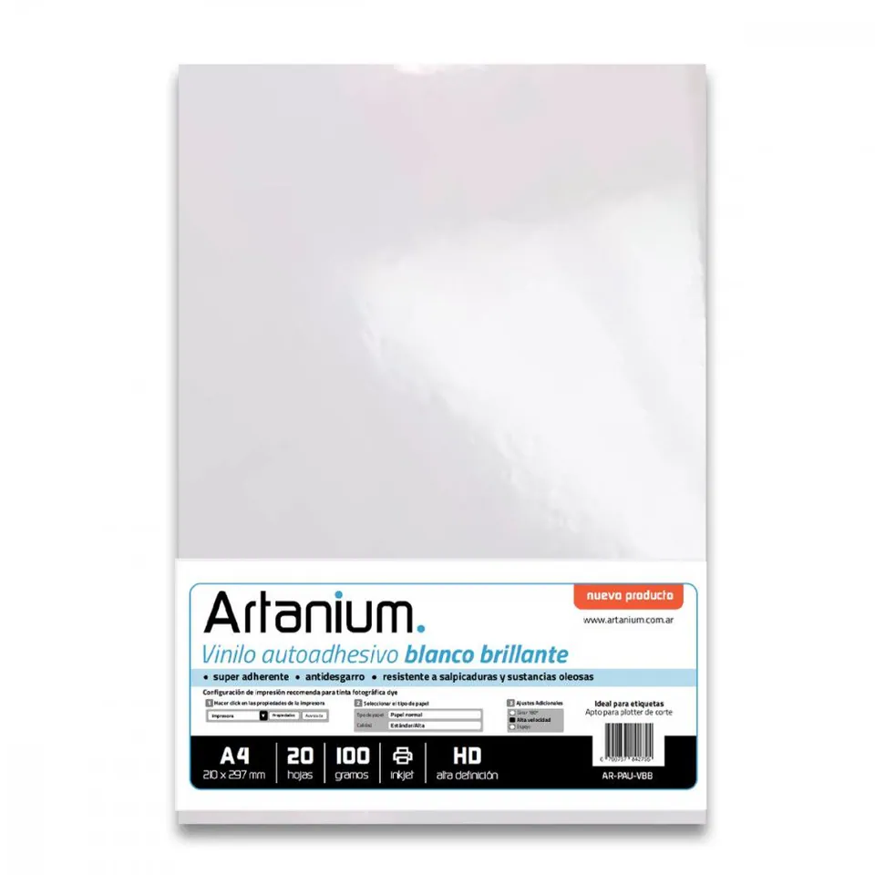 Vinilo Artanium ( filmilo ) Blanco Brillante 100 grs A4 x 20 hojas