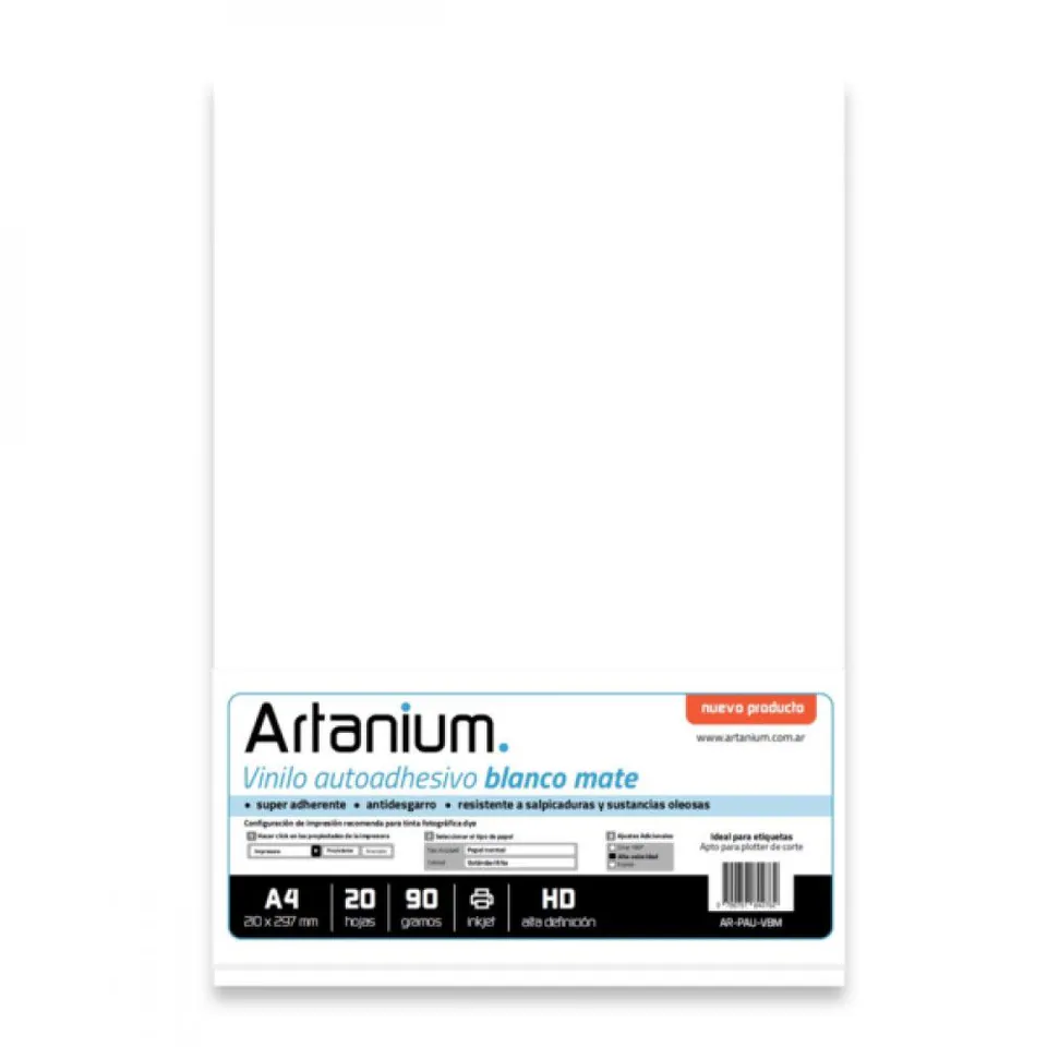 Vinilo Artanium ( filmilo )Blanco Mate 90 grs A4 x 20 hojas - AR PAU VBM